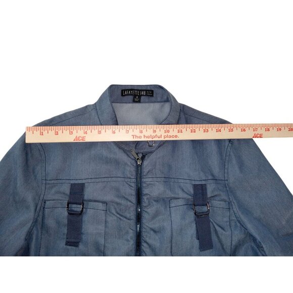 Lafayette 148 Womens Jacket Blue Ruched Utility Buckle Crew Neck Full Zip Size 8 - Picture 11 of 15